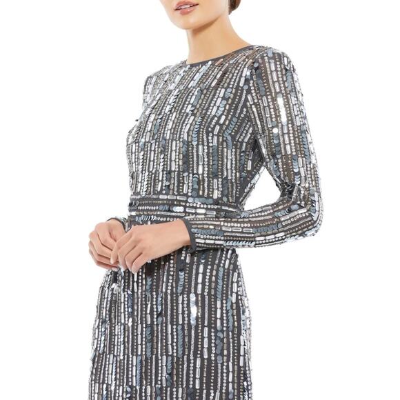 Mac Duggal 93590A Gray Sequin Beaded Long Sleeve Cocktail Dress Size 16 NWT - Picture 3 of 11